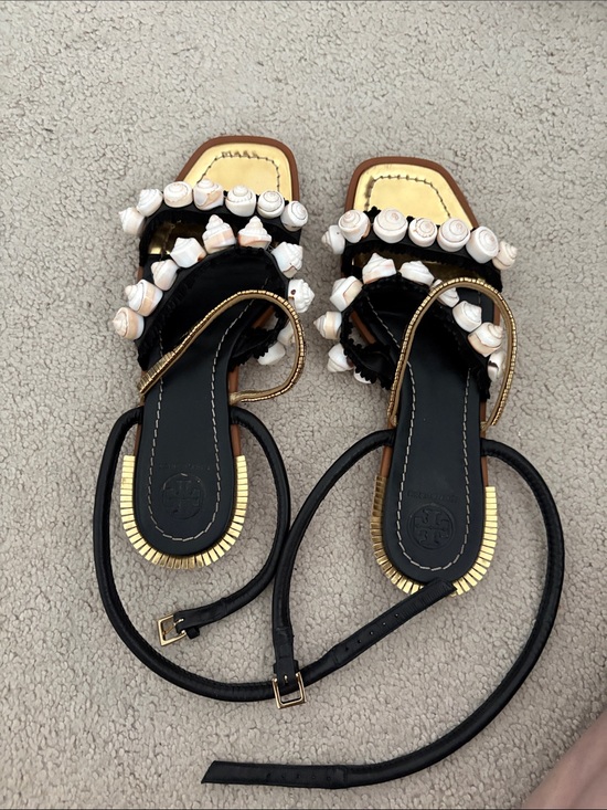 Tory Burch Shoes - Tory Burch Black Leather Shell-Embellished Ankle-Tie Sandals